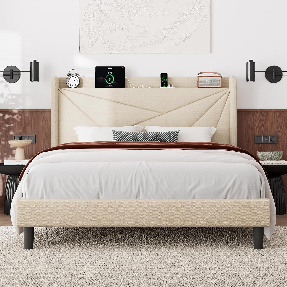 Queen Size Bed Frame with Charging Station, Linen Upholstered Platform Bed Frame with Wingback Storage Headboard, Solid Wood Slats Support, No Box Spring Needed, Noise Free, Beige