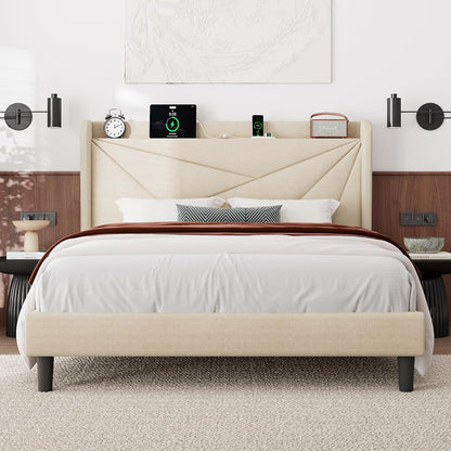 Queen Size Bed Frame with Charging Station, Linen Upholstered Platform Bed Frame with Wingback Storage Headboard, Solid Wood Slats Support, No Box Spring Needed, Noise Free, Beige