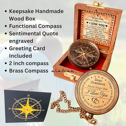 Gift for Grandson Brass Compass Engraved Quote | Memory Present to My Grandson Birthday, Baptism, Graduation, Confirmation, Love, Gift idea by Grandpa Grandma