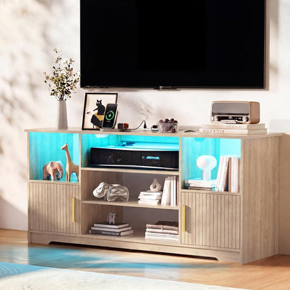 TV Stand for 55 inch with LED Light & Charging Station, Natural