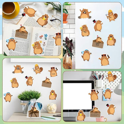 CJiangpo 24 Pack Groundhog Sticky Note with Pen Gift Set, Cute Cartoon Self Stick Notepad Funny Memo Pad Ballpoint Pens with Organza Bags, Groundhog Day Party Favor Gift for Kids Classroom Rewards