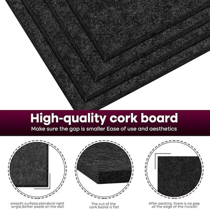 Bouiexye Felt Cork Board Tiles 6 Pack Black Bulletin Boards 12"x12" - 1/2" Thick Corkboards for Wall Bulletin Board Self Adhesive with 100 Push Pins for Wall School Home Office