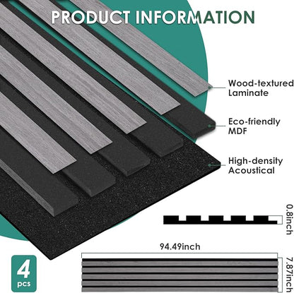 VallisCo 4-Piece Wood Slat Acoustic Panels for Stylish Interior Decor & Noise Reduction - 94.5" x 7.87" 3D Solid Wood Wall Panels for Ceiling and Wall, Covers 20.66 Sq Ft, Grey Oak