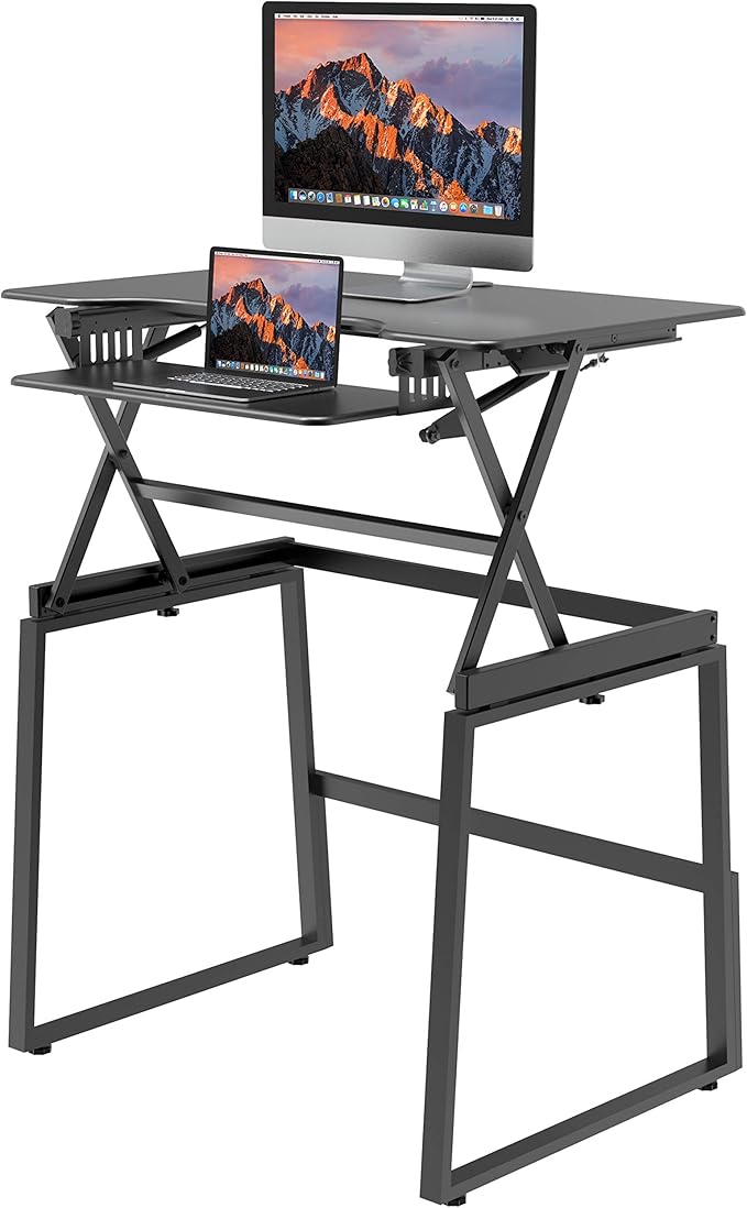 Rocelco 40" Large Height Adjustable Standing Desk BUNDLE - Quick Sit Stand Up with Floor Stand - Tall Gas Spring Assist Computer Workstation - Retractable Keyboard Tray - Black (R DADRB-40-FS2)