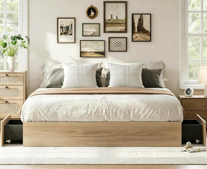 King Bed Frame with 2 Storage Drawers,Wooden Floor Bed Frame