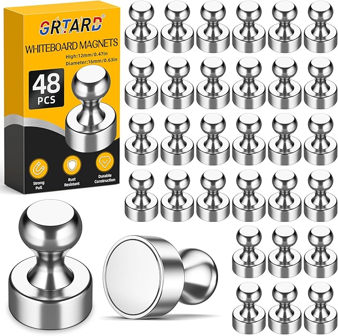 Grtard 48 Pack Magnetic Push Pins, Fridge Magnets for Whiteboard, Whiteboard Magnets Refrigerator Magnets, Small and Strong Push Pin Magnet for Office, School, Locker, and Map Magnet