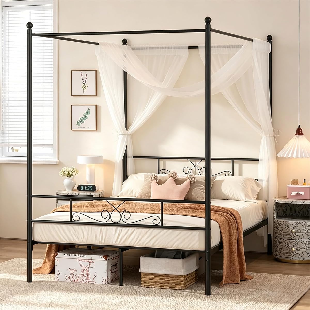 Full Metal Canopy Platform Bed Frame with Headboard, Black