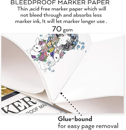 Bianyo Bleedproof Marker Paper Pad, A4(8.27"X11.69"), 50 Sheets, 18 LB / 70 GSM, Glue-Bound, 100% Cotton, White, Ideal for Use with Markers and Ink Mediums