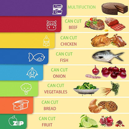 ZVP Plastic Cutting Boards for Kitchen, Flexible Cutting Mats, Colorful Chopping Boards with Food Icon, Non-Slip, Non Porous, BPA Free, Dishwasher Safe Rainbow