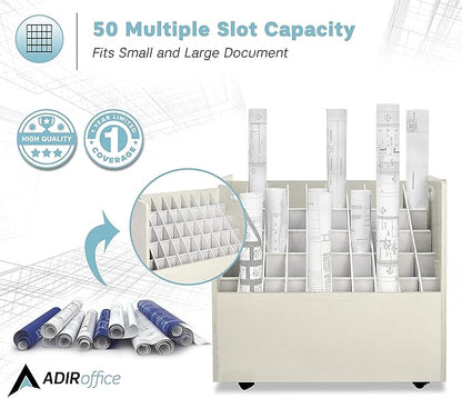 AdirOffice Adir Blue Print Storage Organizer - Mobile Roll File Cart, Construction Plan Holders, Blueprint Cabinet with Wheels, Roll Files Storage for Office and Home (50 Slots, White)