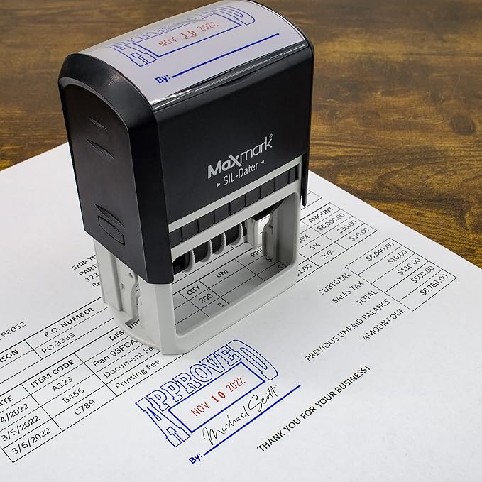 MaxMark Large Self-Inking Rubber Date Office Stamp with Approved Phrase & Date - Blue/Red Ink, 12-Year Band - Style 3