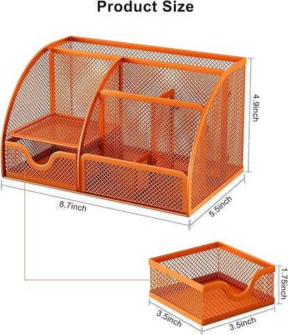 EasyPAG Mesh Desk Organizer with Drawer Multi-Functional Pen Holder Stationery Organizer for Office School Supplies 6 Compartments Dorm Organizers and Storage for Desk, Orange