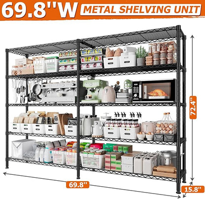 REIBII 1600LBS Storage Shelves 69.8''W Metal Shelving 5 Tier Wire Shelving Unit,Pantry Shelves Kitchen Shelves Adjustable Wire Commercial Shelf for Garage Storage Shelves, 69.8" Wx15.8 Dx72.4 H, Black
