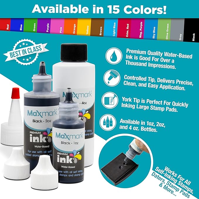 MaxMark Premium Refill Ink with Control Tip Bottle for Self-Inking Stamps, Red Color - 4 oz.