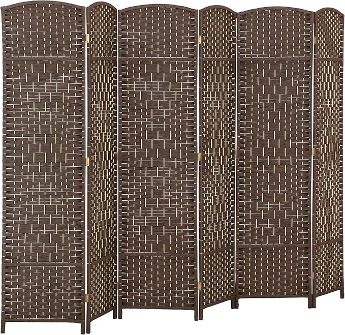 HOMCOM 6 Panel Room Divider, 6' Tall Folding Privacy Screen, Hand-Woven Freestanding Wall Partition for Home Office, Bedroom, Brown