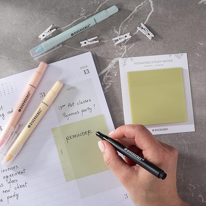 DiverseBee 50 Sheets Pastel Transparent Sticky Notes, 3x3” Clear Sticky Tabs, Translucent Page Flags Book Markers Stickers, Planner Accessories, Bible Journaling Study School Supplies (Pistachio)