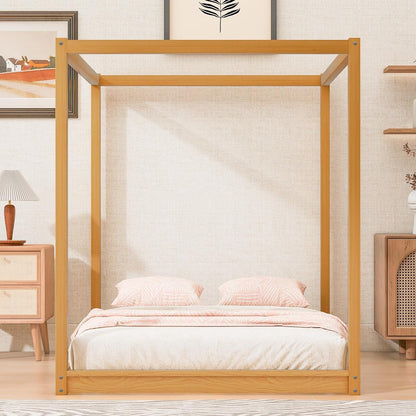 GDFStudio Queen Size Canopy Platform Bed with Support Legs, Solid Pine Wood and MDF Frame, Slat Support No Box Spring Needed, Modern Canopy Bed Frame, Natural