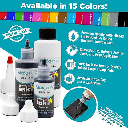MaxMark Premium Refill Ink with Control Tip Bottle for Self-Inking Stamps, Gray Color - 1 oz.