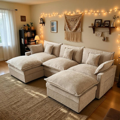 108'' U Shaped Cloud Couch, 3-Seater Sofa with 2 Ottoman, Oatmeal