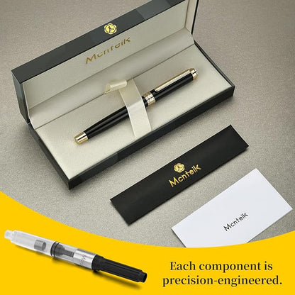 MCNTEIK 317 Fountain Pen,Stunning Luxury Black Piano Lacquer,18K Gilded Nib(Fine),Gorgeous 24K Gold Finish, Ink Converter,Fancy Gift for Men&Women-Elegant,Executive,Office,Nice Pens for Writing