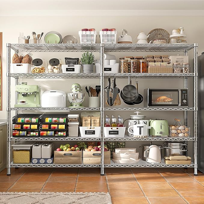 REIBII 1500LBS Storage Shelves 61.7''W Wire Shelving Unit 5 Tier Metal Shelving for Storage Rack Shelves Heavy Duty Garage Shelf Pantry Shelves Kitchen Shelving, 61.7" W*72.4" H*15.8" D, Chrome