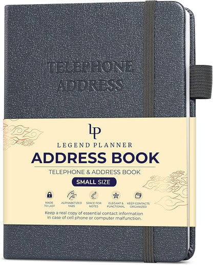 Legend Planner Address Book with Alphabetical Tabs – Mini Telephone Address Book for Phone Numbers, Addresses, Email Contacts, Passwords & Important Dates –Small Size,11x14.5cm,Hardcover (Mystic Grey)