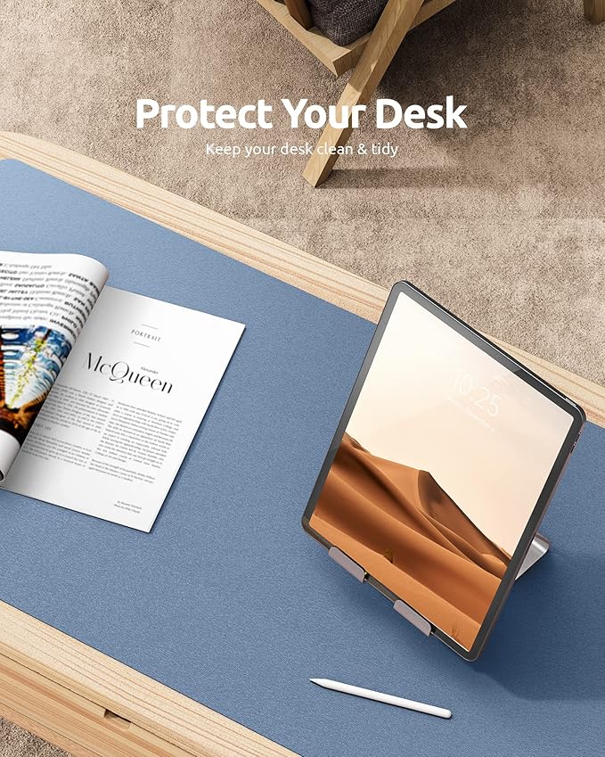 YSAGi Leather Desk Protector, Office Mat, Large Mouse Mat, Non-Slip PU Leather Blotter, Laptop Desk Pad, Waterproof Writing Pad for Office and Home (Blue, 35.4" x 17")