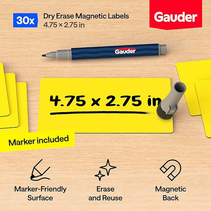 GAUDER Magnetic Dry Erase Labels | 30x Magnetic Labels (4,75 Inches x 2,75 Inches) | 30x Dry Erase Magnets for Classroom, Whiteboard and Blackboard