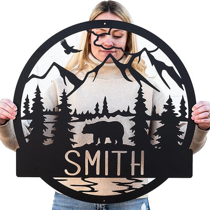 Wilderness Bear Cabin Name Sign | Mountain & Rustic Metal Bear | Personalized Outdoor Sign | Door Decor