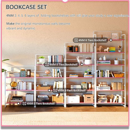 4NM No Assembly 6 Tiers Folding Bookshelf Storage Shelves Vintage Bookcase Standing Racks Study Organizer Home Office (Pink White)