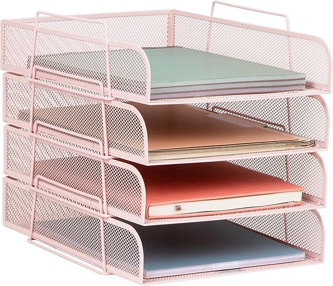 Mind Reader Stackable Paper Tray, Desktop Organizer, File Storage, Office, Metal Mesh, 10.5" L x 13.5" W x 11.25" H, 4 Pcs., Pink