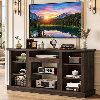 Farmhouse TV Stand with Adjustable Shelves & Open Storage, Walnut