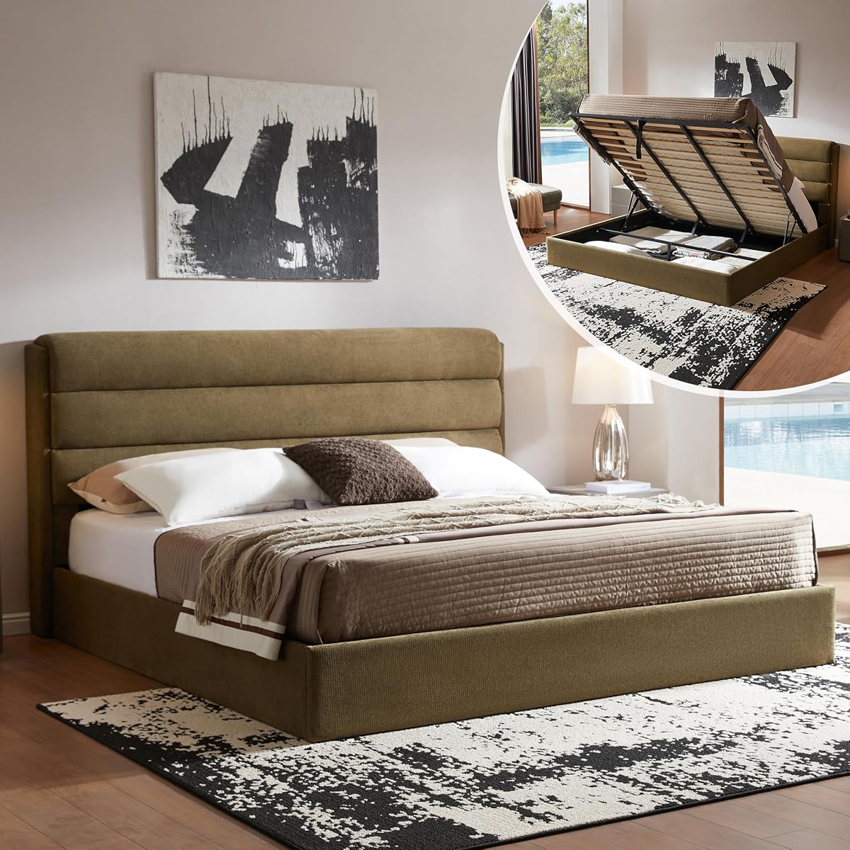 King Size Lift Up Storage Bed, Linen Upholstered Platform Bed, Green