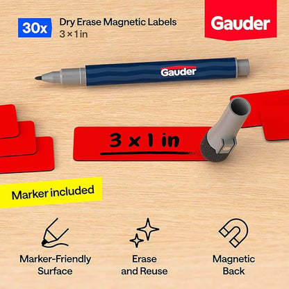 GAUDER Magnetic Dry Erase Labels | 30x Magnetic Labels (3 Inches x 1 Inch) | Dry Erase Magnets for Classroom, Whiteboard and Blackboard