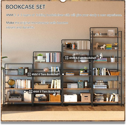 4NM No Assembly 6 Tiers Folding Bookshelf Storage Shelves Vintage Bookcase Standing Racks Study Organizer Home Office (Rustic Brown Black)