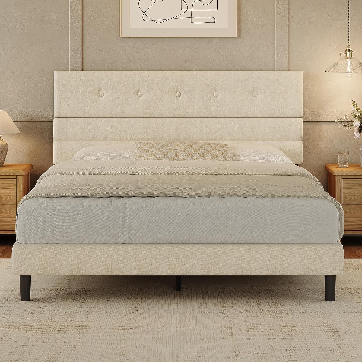 Queen Size Bed Frame with Linen Fabric Headboard, Adjustable Height Upholstered Platform Bed Frame with Wooden Slats, Easy Assembly, Beige