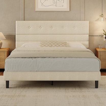 Queen Size Bed Frame with Linen Fabric Headboard, Adjustable Height Upholstered Platform Bed Frame with Wooden Slats, Easy Assembly, Beige