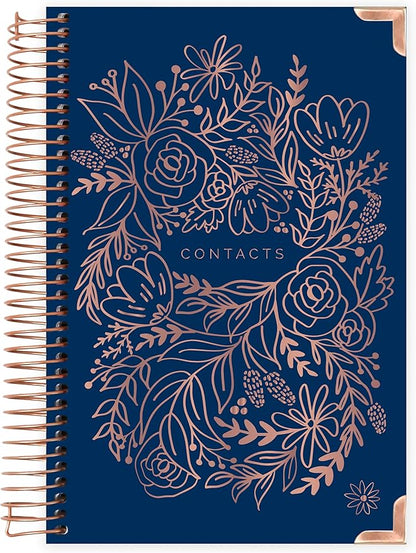bloom daily planners Hardcover Contacts Address & Password Book - Alphabetical Organizer with Tabs - 6" x 8.25" - Navy Embroidery