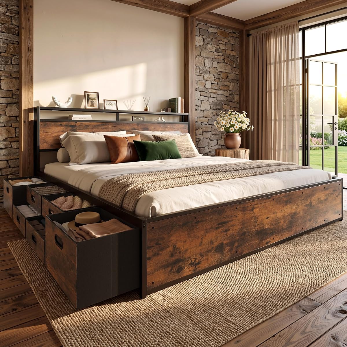 King Size Bed Frame with 12 Fabric Drawers and Headboard