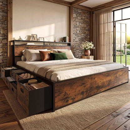 King Size Bed Frame with 12 Fabric Drawers and Headboard