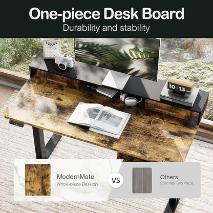 ModernMate Standing Desk with 4 Drawers, 47.2 x 23.6 Inch Whole Piece Height Adjustable Electric Sit Stand Desk, Computer Home Office Workstation with Open Storage Shelf, Rustic Brown
