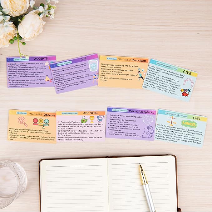 DBT Skills Coaching Cards with Guided Examples & Goals – 25 Flashcards for Emotional Regulation, Stress Relief & Coping Tools – for Teens & Adults