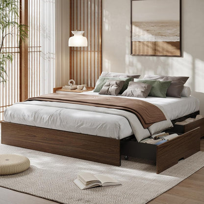 Wood Platform Bed Frame, King Bed Frame with 2 Drawers