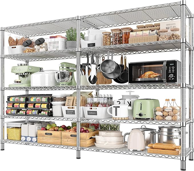REIBII 1500LBS Storage Shelves 61.7''W Wire Shelving Unit 5 Tier Metal Shelving for Storage Rack Shelves Heavy Duty Garage Shelf Pantry Shelves Kitchen Shelving, 61.7" W*72.4" H*15.8" D, Chrome