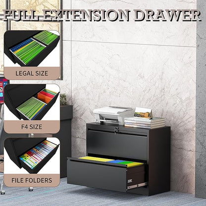 mysteeldepot 2 Drawer Lateral File Cabinet with Lock, File Cabinet, Metal Lateral Filing Cabinets for Home Office, File Storage Cabinet for Legal/Letter/A4 Documents, Assembly Required (Black, 35'W)