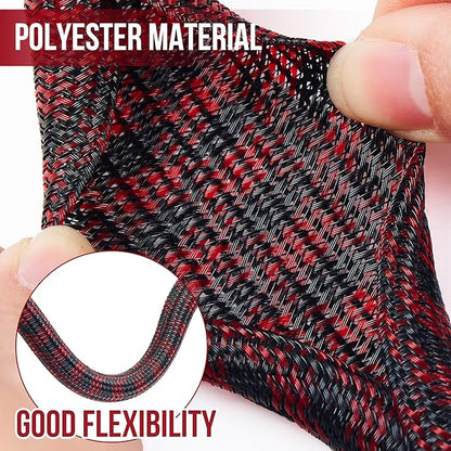 QCSIW Split Cable Sleeve, 3/4" 25ft Black Red Braided Wire Loom for Home Cable Management, Pet Chew Protection and DIY Cord Organizer for Desk and Home Theater