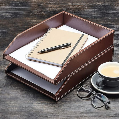 Gallaway Leather Letter Desk Organizer - Premium PU Leather Perfect for Office Organization, Document Holder Fits A4 Paper, Stackable Drawers for Extra Desk Storage