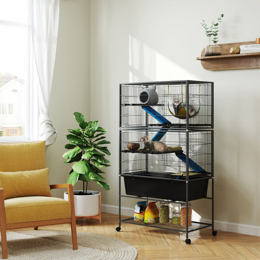 59" 5-Level Small Animal Cage, Rolling Ferret Cage with 6.3" Deep Tray, Non-Slip Cloth Covered Ramps, Hammock, Dark Gray