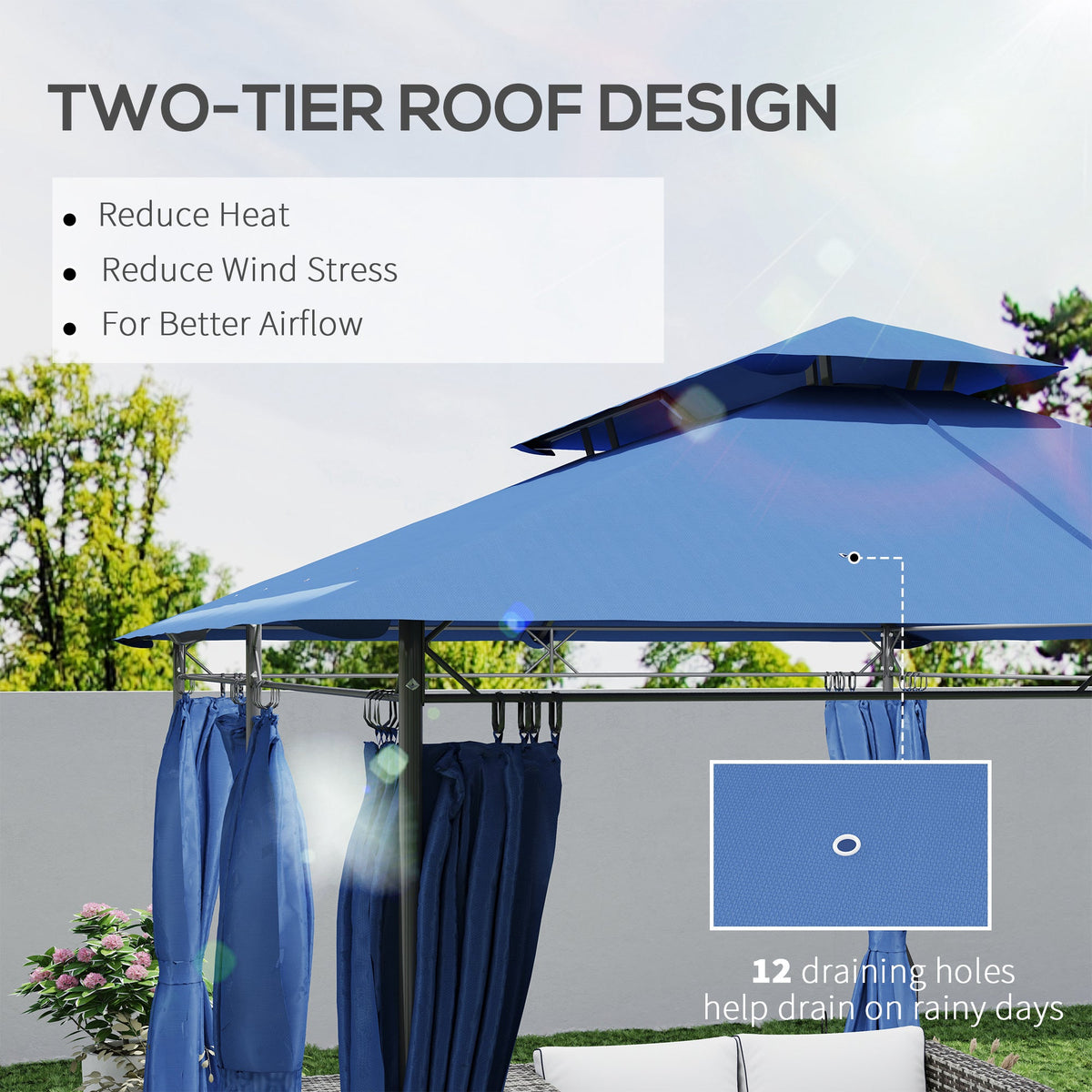 10' x 13' Double Roof Patio Gazebo, Outdoor Gazebo with Curtains, for Garden, Lawn, Backyard and Deck, Dark Blue