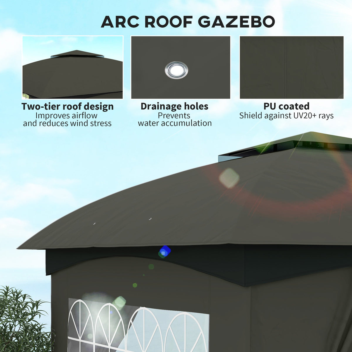 11' x 11' Outdoor Gazebo, Double Roof Patio Gazebo with Curtains, Church Windows, Galvanized Steel Frame, Dark Gray